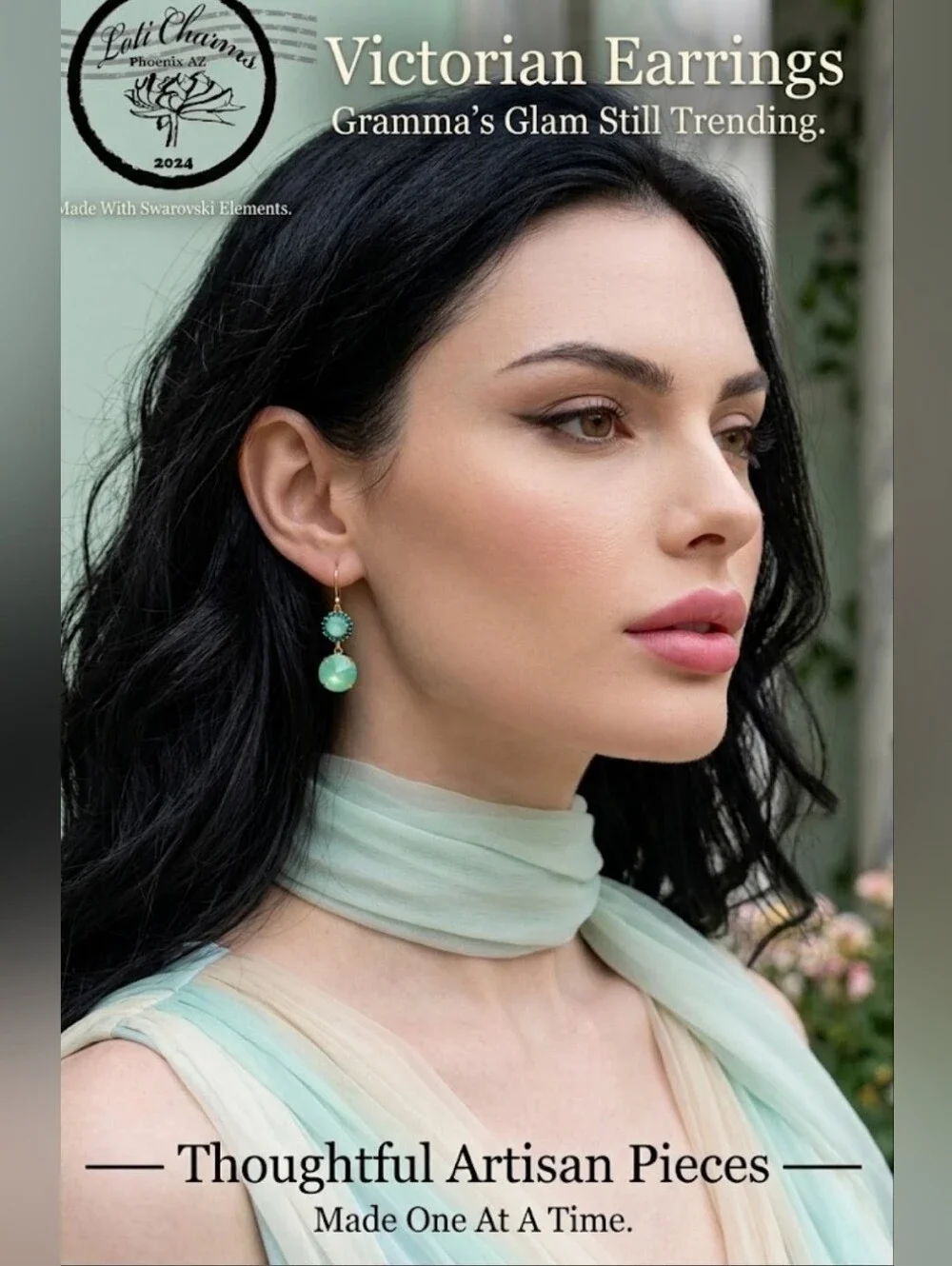 Mint Macaron Swarovski Crystals In Artisan Drop Gold Handmade Brass Earrings